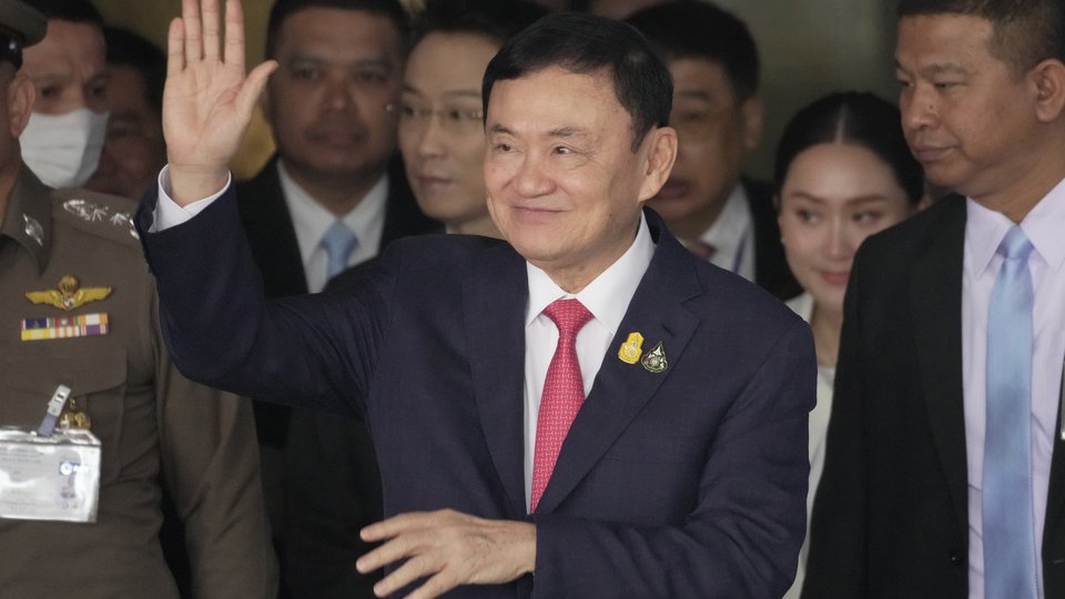 Former Prime Minister Thaksin Shinawatra, arrive Don Muang airport in Bangkok, Thailand, on Aug. 22, 2023. (AP Photo/Sakchai Lalit, File)