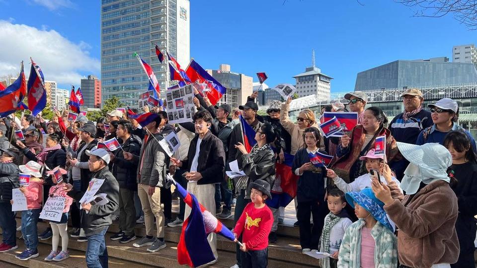 Thousands of Cambodian citizens living abroad gather to protest against Thailand due to the border conflict on July 27, 2025. Kiripost via Ministry of Information