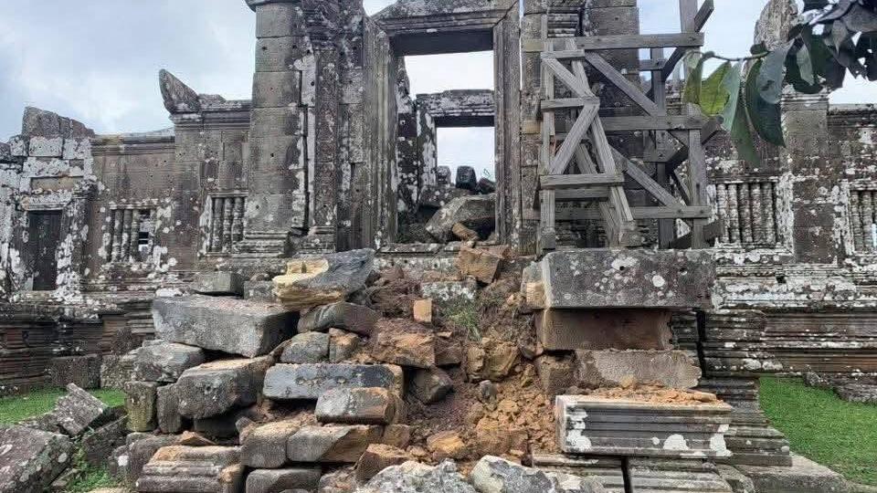 Preah Vihear Temple sustained damage after being struck by heavy artillery fire during Thai military attacks