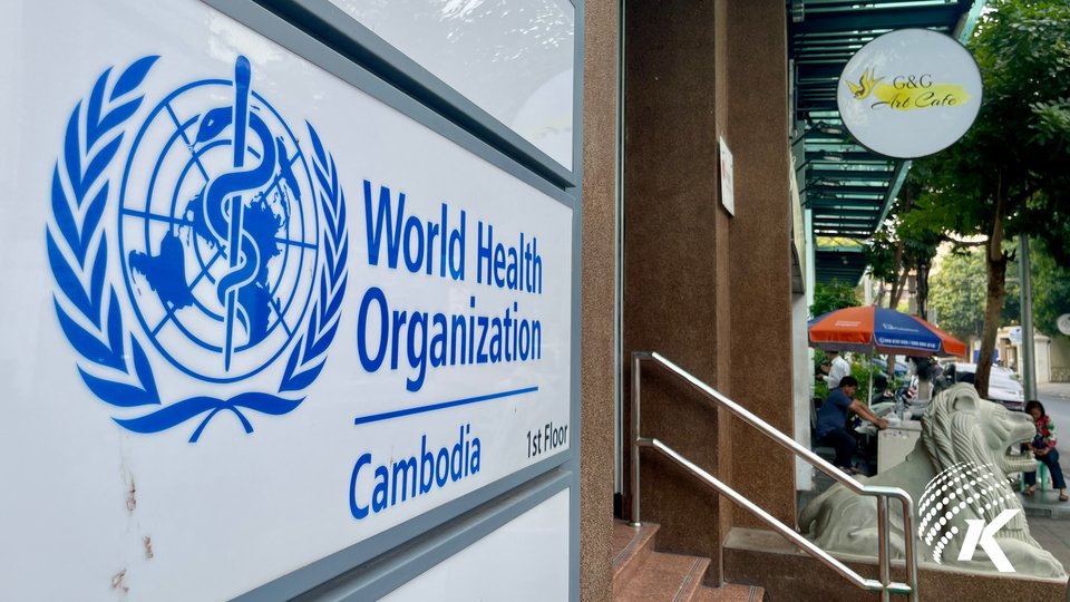 The logo of World Health Organization in Cambodia in front of its office building in Phnom Penh. Kiripost/Vuth Chandara