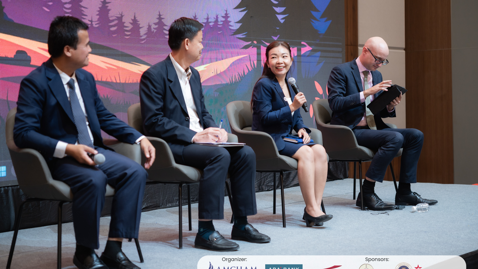 Panha Hem (woman), Group Tax Manager at RMA Group Company Limited, speaks at a panel discussion about the benefits of having a proper accounting record at the Tax Forum on October 10, 2025. Kiripost via AmCham Cambodia