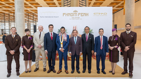 Cambodia's Tourism Minister Huot Hak and senior Etihad executives participate in a ribbon-cutting ceremony at Techo International Airport in Phnom Penh, marking the arrival of the inaugural Etihad Airways flight.