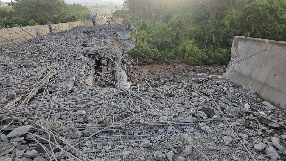 This photo shared by Information Minister Neth Pheaktra shows the Victory Bridge, also known as the Me Teuk Bridge, damaged by Thai airstrikes early Saturday.