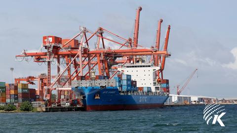 A cargo ship docked at Sihanoukville Autonomous Port, Cambodia's only deep-sea port and main shipping hub as global trade and tariff pressures play out in the background. Kiripost/Siv Channa